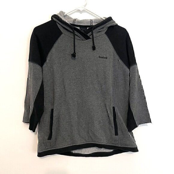 REEBOK Dark Gray Black Colorblock 3/4 Sleeve Pullover Hoodie Sweatshirt ALTERED - Picture 1 of 13